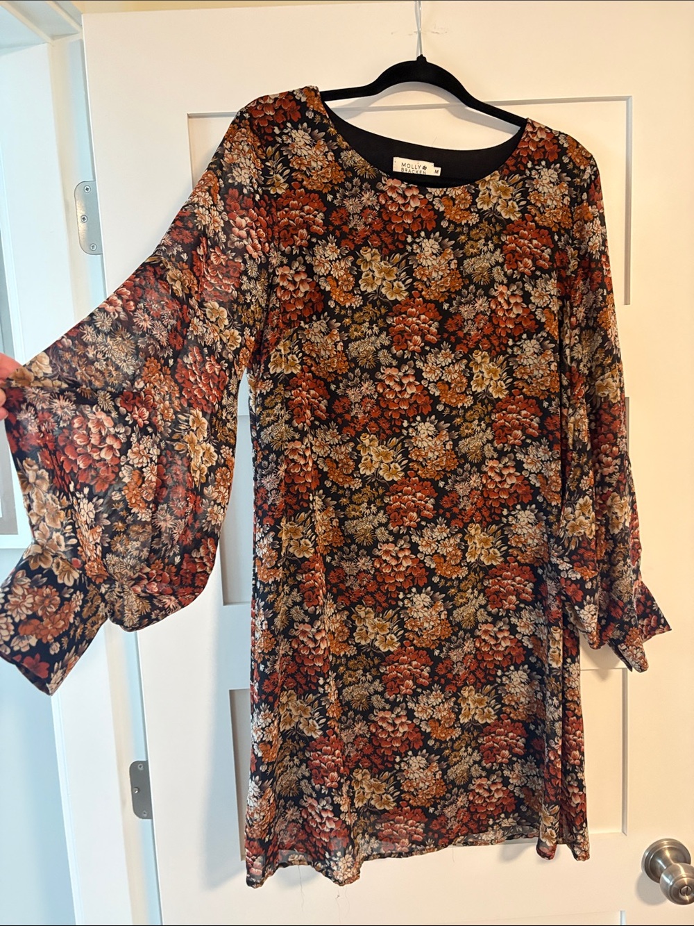 Molly Bracken Black Rust and Mustard Floral Long-Sleeve Dress
